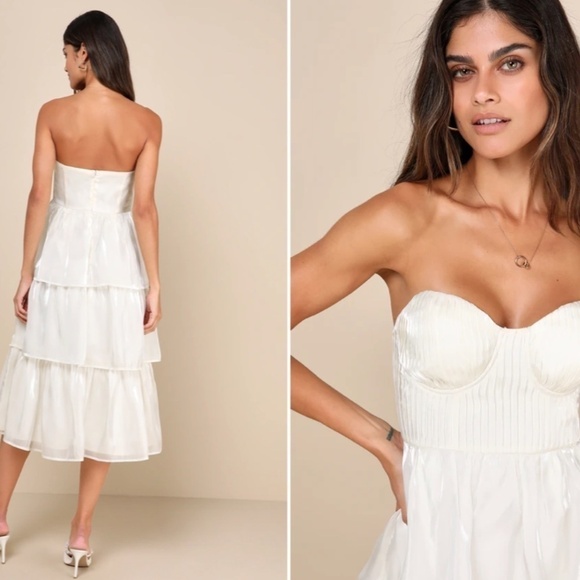 LULU's Bridal Shower Reception Elopement Tiered Ruffle Bustier Boho Midi Dress - Picture 3 of 3